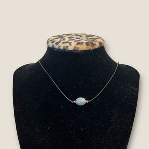 Faceted blue crystal choker black leather & gold tone